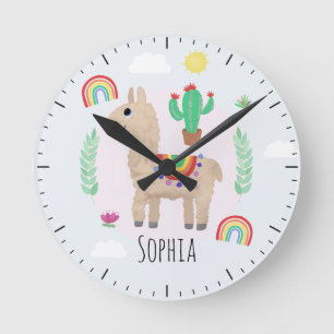 Girls Cute Pink Rainbow Llama Alpaca Kids Nursery Round Clock