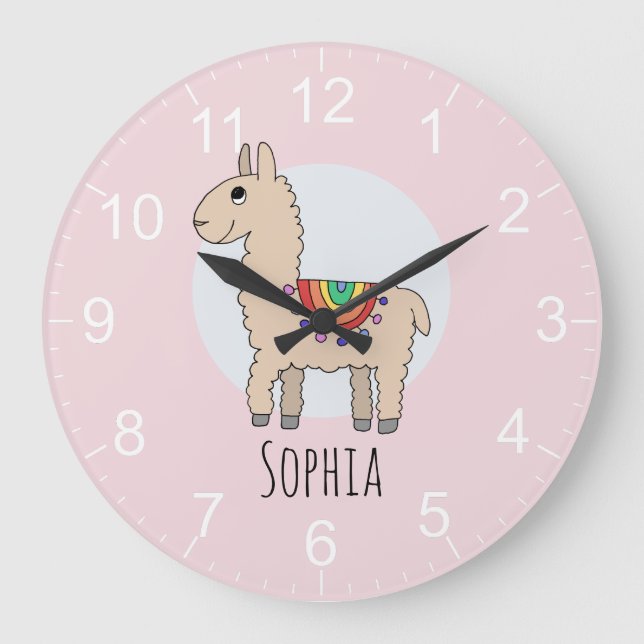 Girls Cute Pink Rainbow Llama and Name Kids Large Clock (Front)