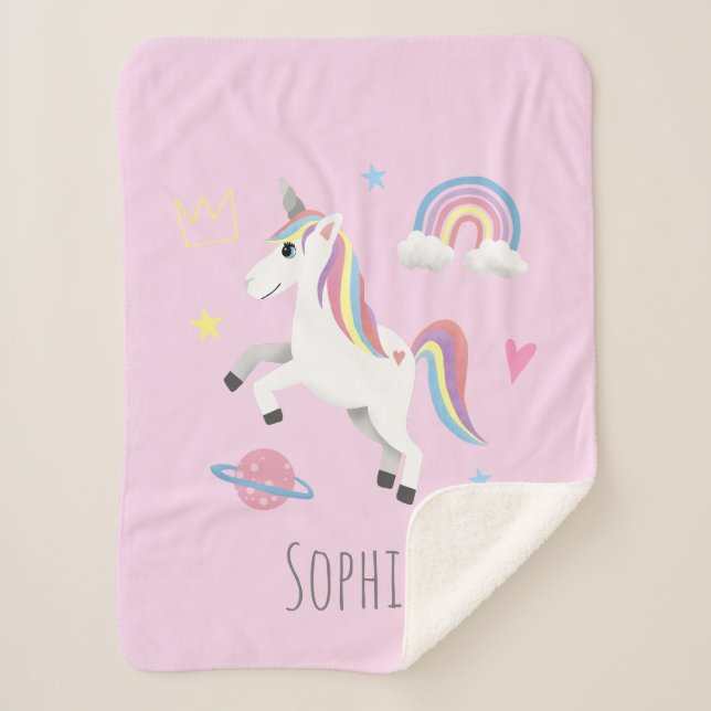 Girls Cute Pink Rainbow Unicorn & Name Kids Sherpa Blanket (Front)