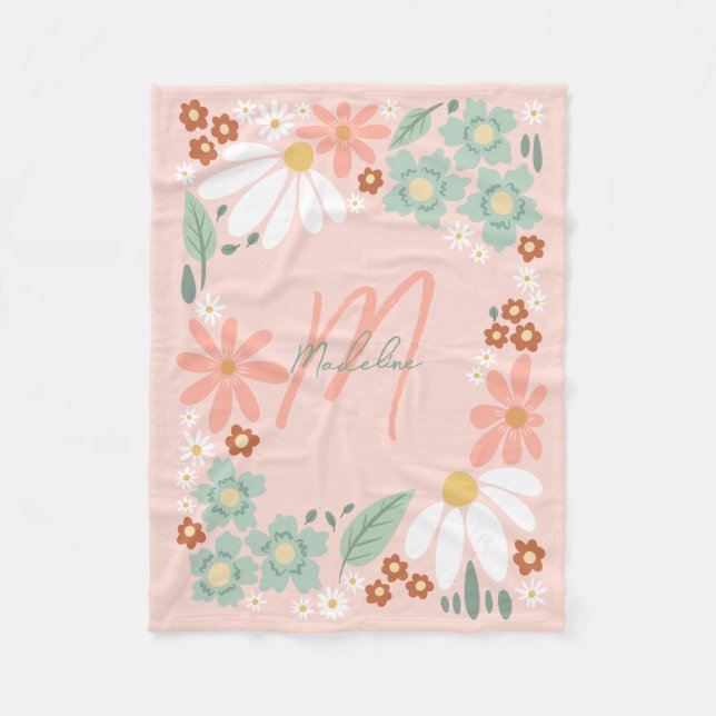 Girls Cute Pink Retro Wildflower Monogrammed Fleece Blanket (Front)