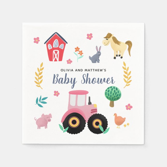 Girls Cute Pink Rustic Farm Tractor Baby Shower Napkin (Front)