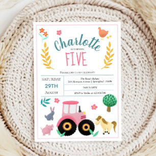 Girls Cute Pink Rustic Farm Tractor Birthday Invitation