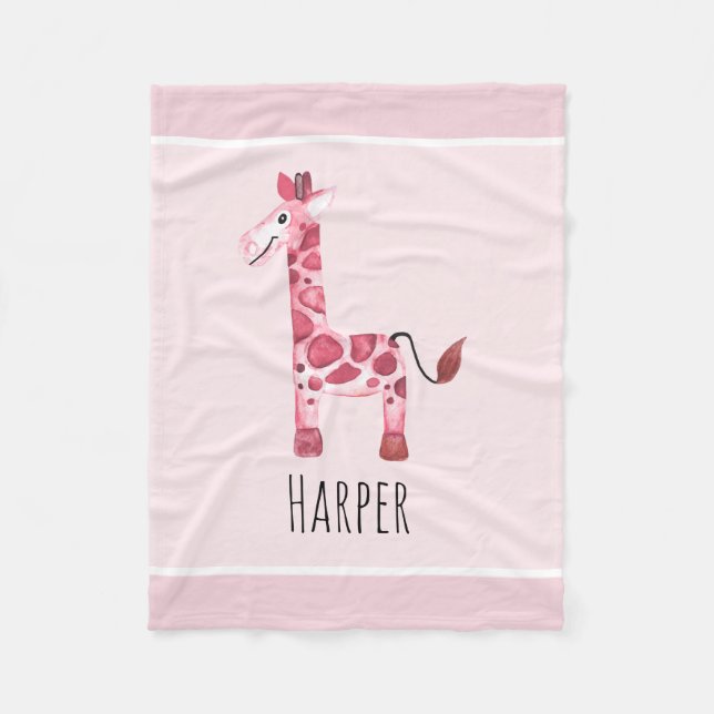Girl's Cute Pink Safari Giraffe and Name Fleece Blanket (Front)