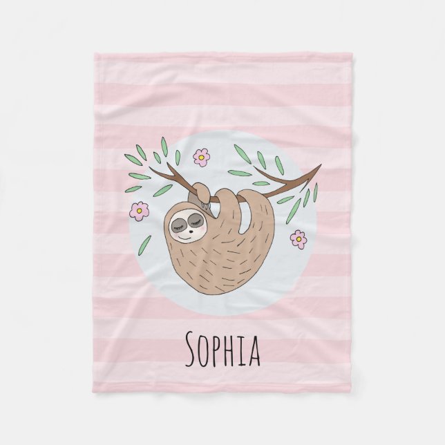Girls Cute Pink Sleeping Sloth and Name Kids Fleece Blanket (Front)