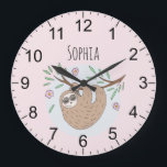 Girls Cute Pink Sleeping Sloth and Name Kids Large Clock<br><div class="desc">This gorgeous and girly kids' clock features a beautiful,  hand drawn sleeping sloth cartoon with flowers and leaves. This lovely pink design also features a place for you to add your girl's name,  and clear readable numbers. The perfect jungle themed,  wildlife design for any kid's room or baby's nursery.</div>