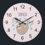 Girls Cute Pink Sleeping Sloth and Name Kids Large Clock<br><div class="desc">This gorgeous and girly kids' clock features a beautiful,  hand drawn sleeping sloth cartoon with flowers and leaves. This lovely pink design also features a place for you to add your girl's name,  and clear readable numbers. The perfect jungle themed,  wildlife design for any kid's room or baby's nursery.</div>