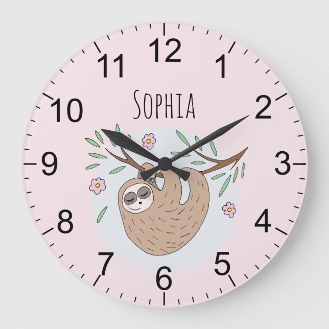 Girls Cute Pink Sleeping Sloth and Name Kids Large Clock (Front)