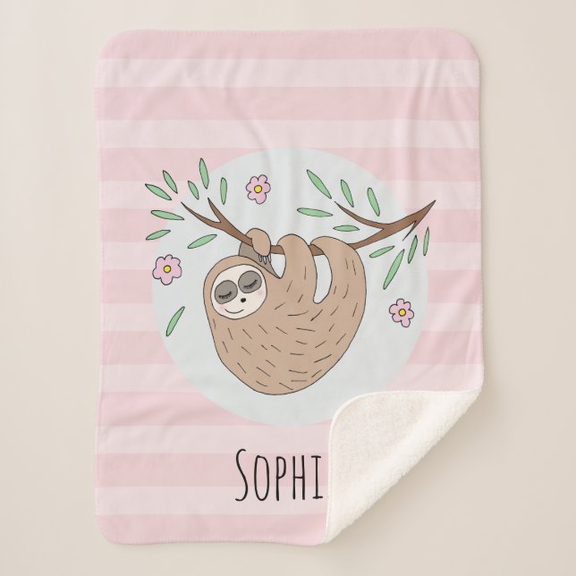 Girls Cute Pink Sleeping Sloth and Name Kids Sherpa Blanket (Front)