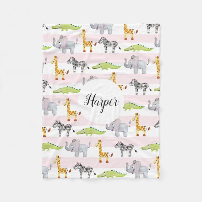 Girls Cute Pink Striped Safari Animals Name Kids Fleece Blanket (Front)