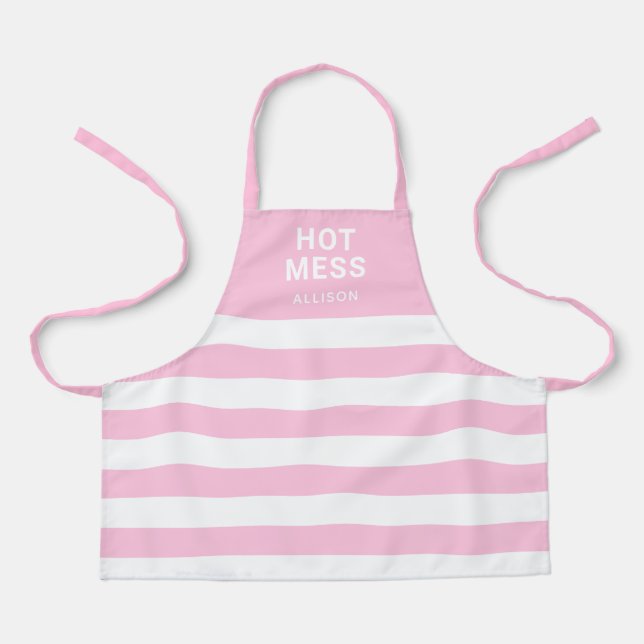 Girls Cute Pink Stripes Hot Mess Personalised Kids Apron (Front)