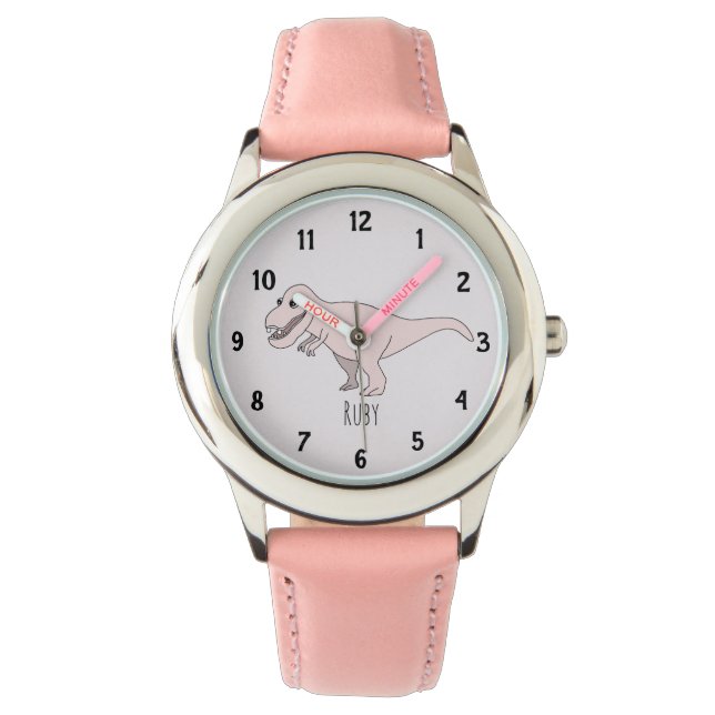 Girls Cute Pink T-Rex Dinosaur Kids with Name Kids Watch (Front)