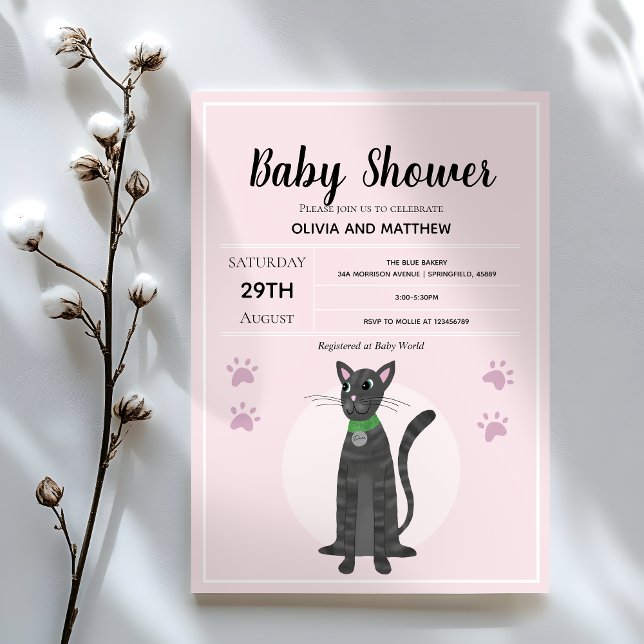 Girls Cute Pink Tabby Cat Cartoon Baby Shower Invitation (Creator Uploaded)