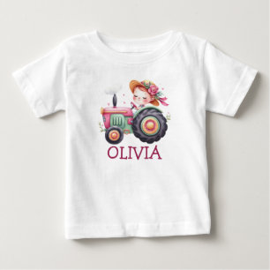 Girls Cute Pink Tractor Personalised Baby T-Shirt