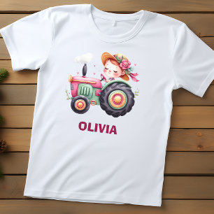 Girls' Cute Pink Tractor Personalised Toddler T-Shirt