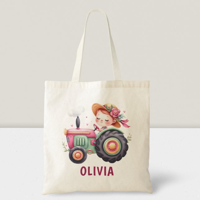 Girls Cute Pink Tractor Personalised Tote Bag (Creator Uploaded)