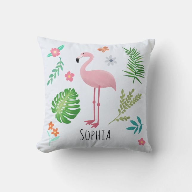 Girls Cute Pink Tropical Flamingo & Flowers Kids Cushion (Front)