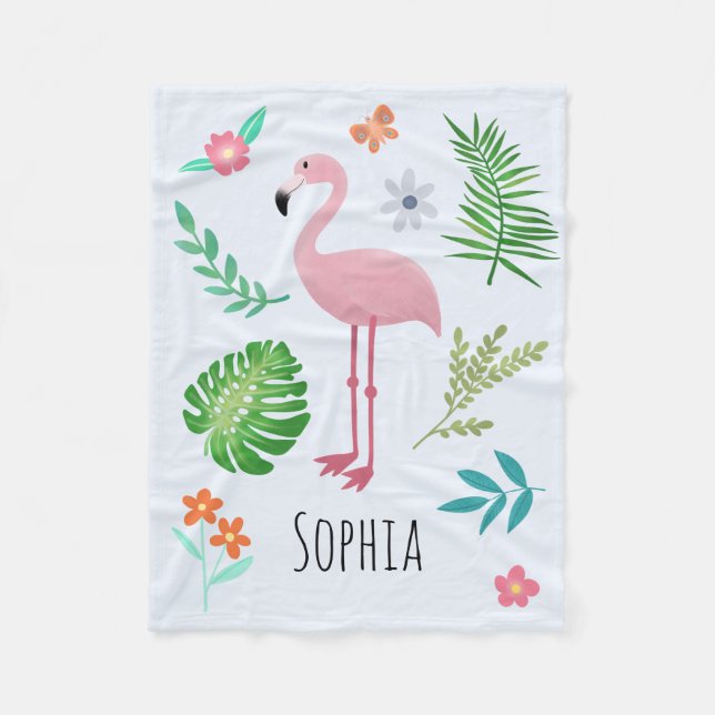 Girls Cute Pink Tropical Flamingo & Flowers Kids Fleece Blanket (Front)