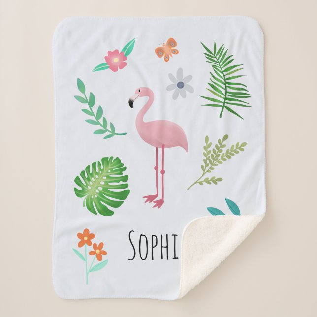 Girls Cute Pink Tropical Flamingo Kids Sherpa Blanket (Front)