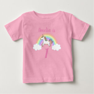 Girls Cute Pink Unicorn Custom Name 1st Birthday Baby T-Shirt