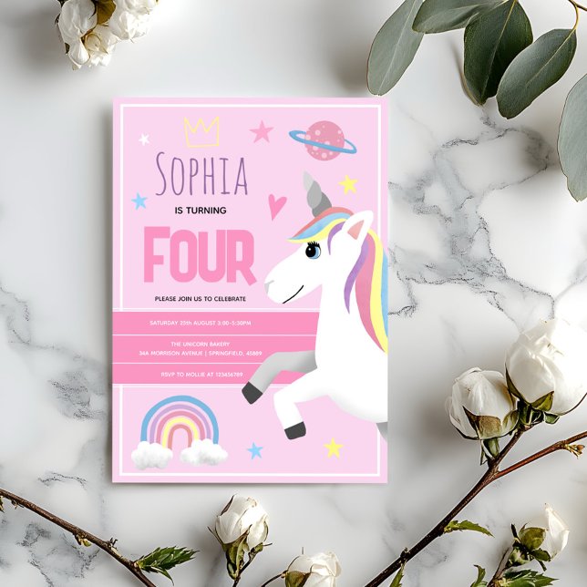 Girls Cute Pink Unicorn Kids 4th Birthday Invitation (Creator Uploaded)