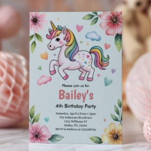 Girls Cute Pink Unicorn Kids 4th Birthday Party Invitation