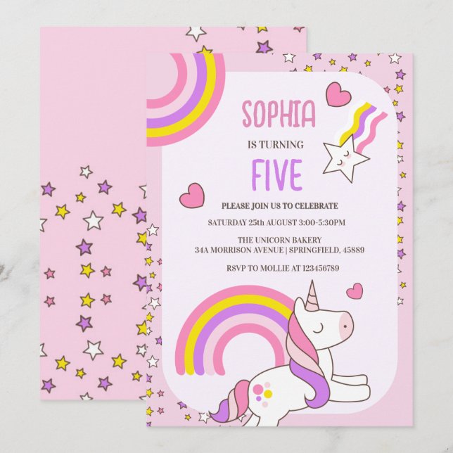 Girls Cute Pink Unicorn Kids 5th Birthday  Invitation (Front/Back)