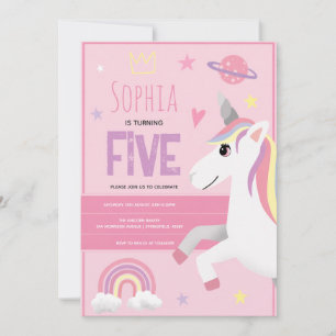 Girls Cute Pink Unicorn Kids 5th Birthday Invitation