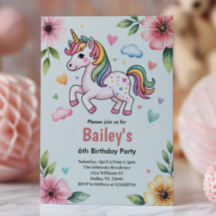 Girls Cute Pink Unicorn Kids 6th Birthday Party Invitation