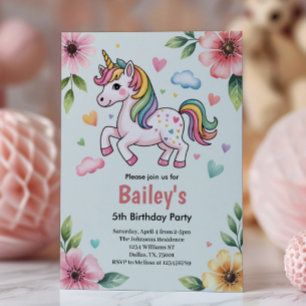 Girls Cute Pink Unicorn Kids Birthday Party Invitation