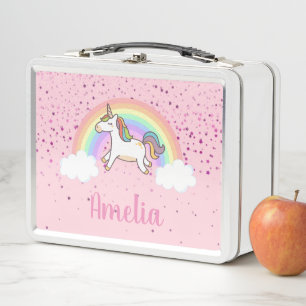 Girls Cute Pink Unicorn Rainbow Personalised Metal Lunch Box