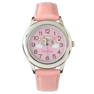 Girls Cute Pink Unicorn Rainbow Personalised Watch