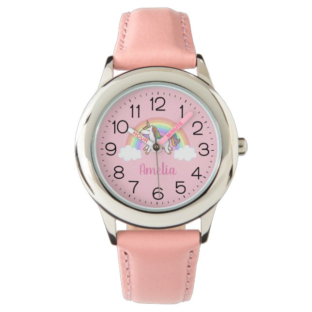 Girls Cute Pink Unicorn Rainbow Personalised Watch (Front)