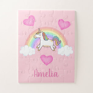Girls Cute Pink Unicorn Rainbow Personalized Kids Jigsaw Puzzle