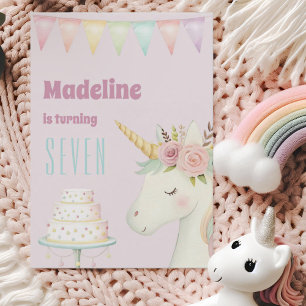 Girls Cute Pink Unicorn Seventh Birthday Invitation