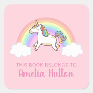 Girls Cute Pink Unicorn This Book Belongs Kids Square Sticker