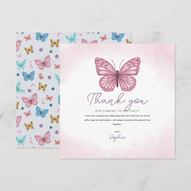 Girls Cute Pink Watercolor Butterfly Kids Thank You Card (Front/Back)