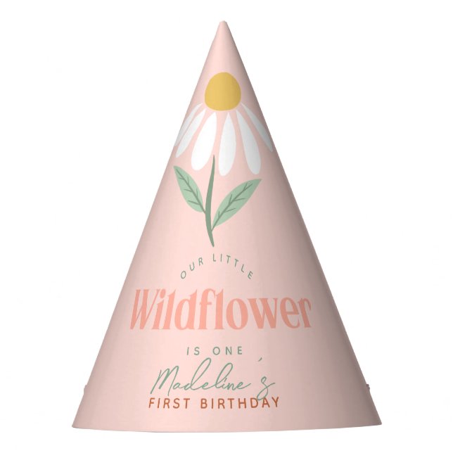 Girls Cute Pink Wildflower Daisy Kids Birthday Party Hat (Front)