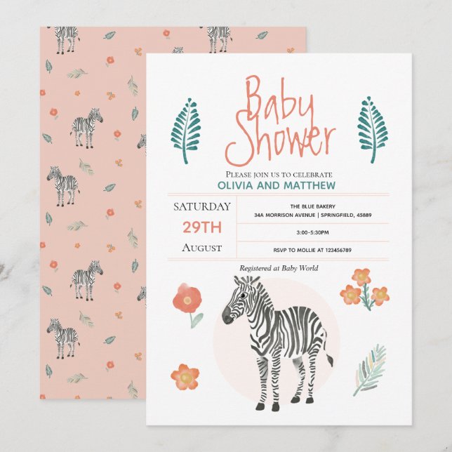 Girls Cute Pink Zebra Safari Jungle Baby Shower Invitation (Front/Back)