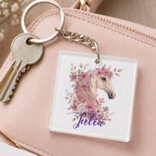 Girls Cute Pony Pastel Floral Personalised Name Key Ring
