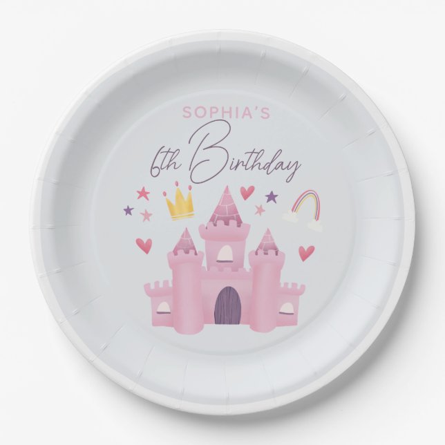 Girls Cute Princess Palace Kids 6th Birthday Paper Plate (Front)