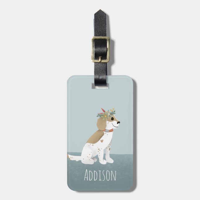 Girls Cute Puppy Cartoon Flowers Kids Luggage Tag (Front Vertical)