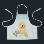 Girls Cute Puppy Dog Floral Kids Apron<br><div class="desc">This cute and cosy kids apron features an adorable golden retriever puppy,  with flowers. This lovely blue floral design also features a place for you to add your girl's name. The perfect whimsical gift for any dog-lover!</div>