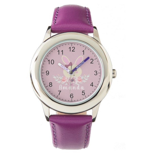Girls Cute Purple Bunny Rabbit Custom Name Kids Watch (Front)