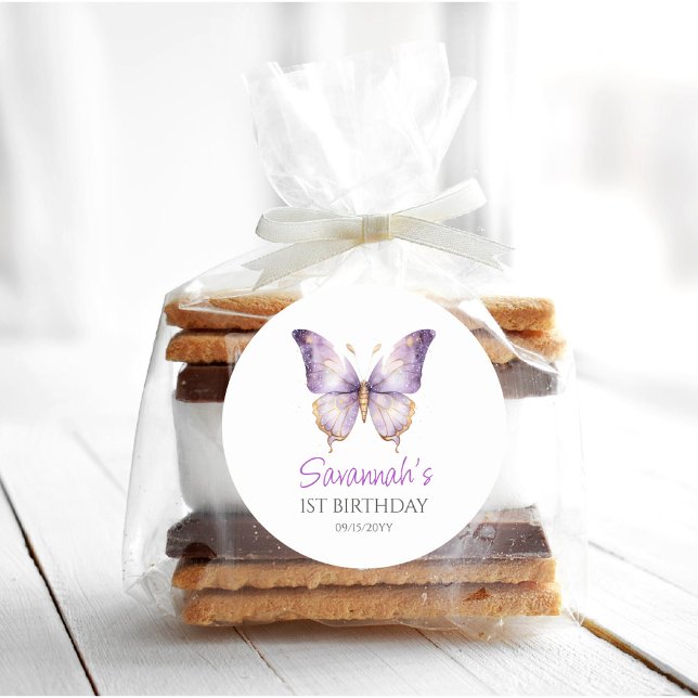 Girls Cute Purple Butterfly 1st Birthday Party Classic Round Sticker (Creator Uploaded)