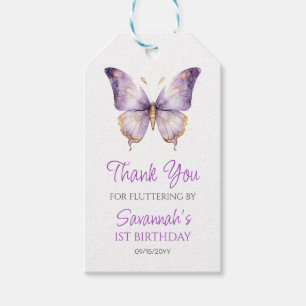 Girls Cute Purple Butterfly 1st Birthday Party Gift Tags