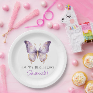 Girls Cute Purple Butterfly 1st Birthday Party Paper Plate
