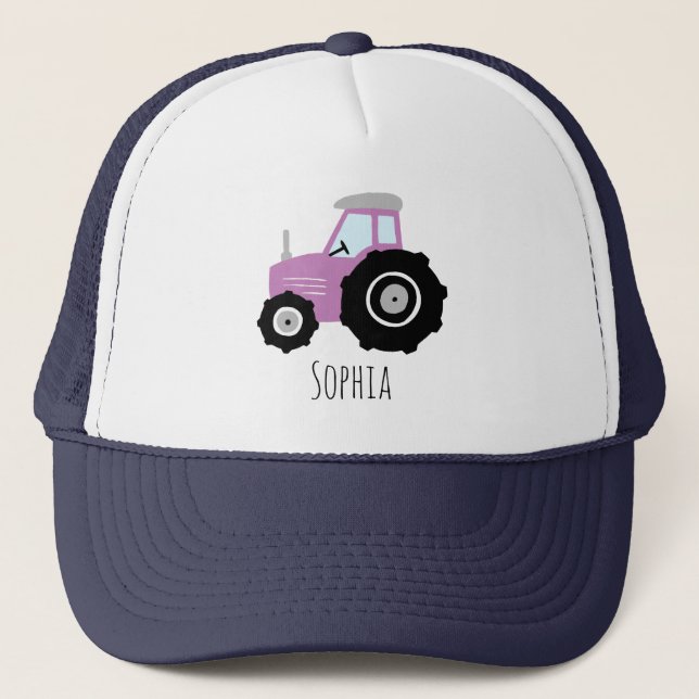 Girls Cute Purple Farm Tractor and Name Kids Trucker Hat (Front)