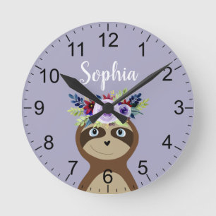 Girls Cute Purple Flower Sloth and Name Kids Round Clock
