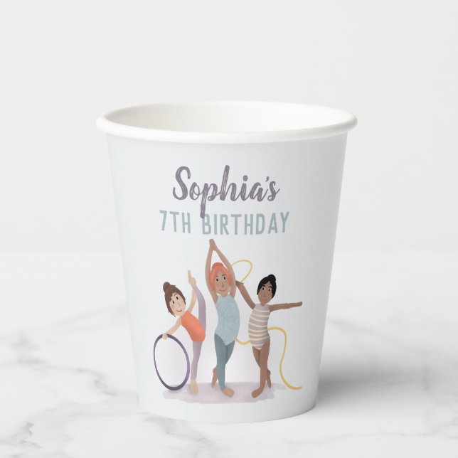 Girls Cute Purple Gymnastics Kids Birthday Paper Cups (Front)