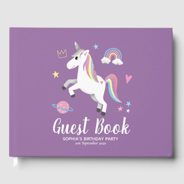 Girls Cute Purple Magical Unicorn Birthday Guest Book (Front)